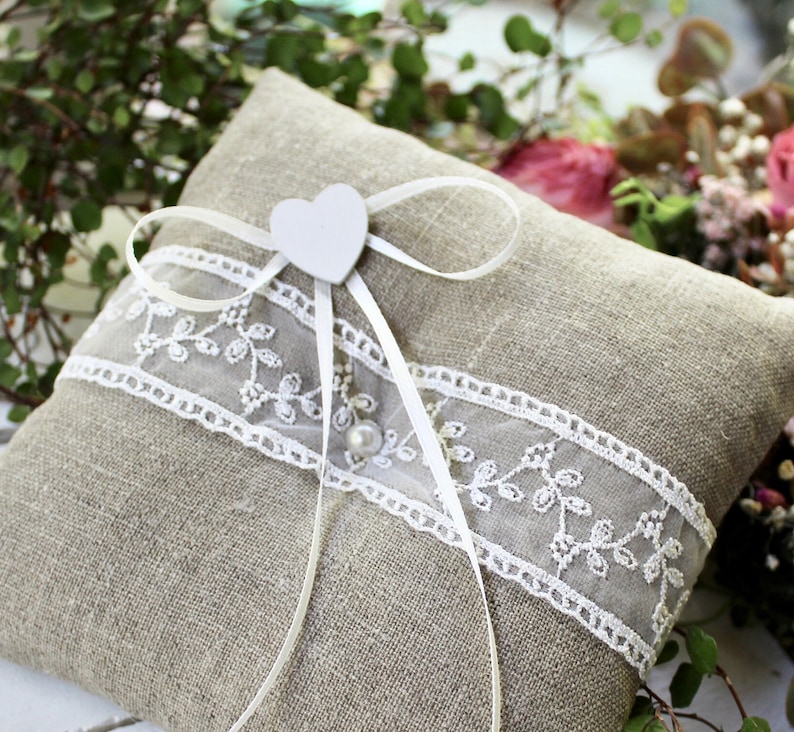 Ring Pillow Wedding Linen Lace Ring Bearer Pillow Wedding Ring Pillow Boho Country Vintage Shabby image 2