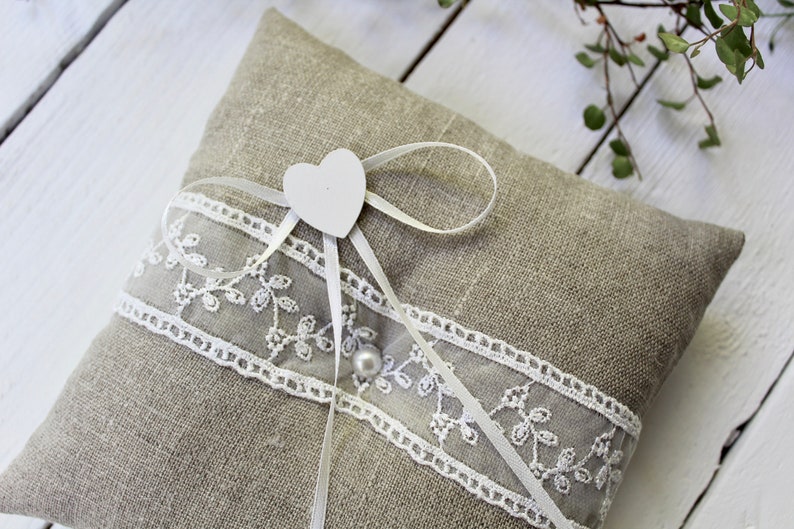 Ring Pillow Wedding Linen Lace Ring Bearer Pillow Wedding Ring Pillow Boho Country Vintage Shabby image 5