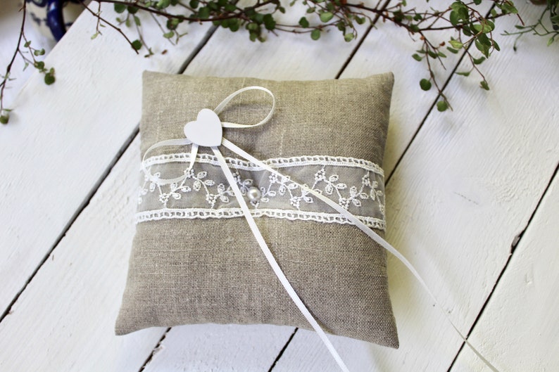 Ring Pillow Wedding Linen Lace Ring Bearer Pillow Wedding Ring Pillow Boho Country Vintage Shabby image 4