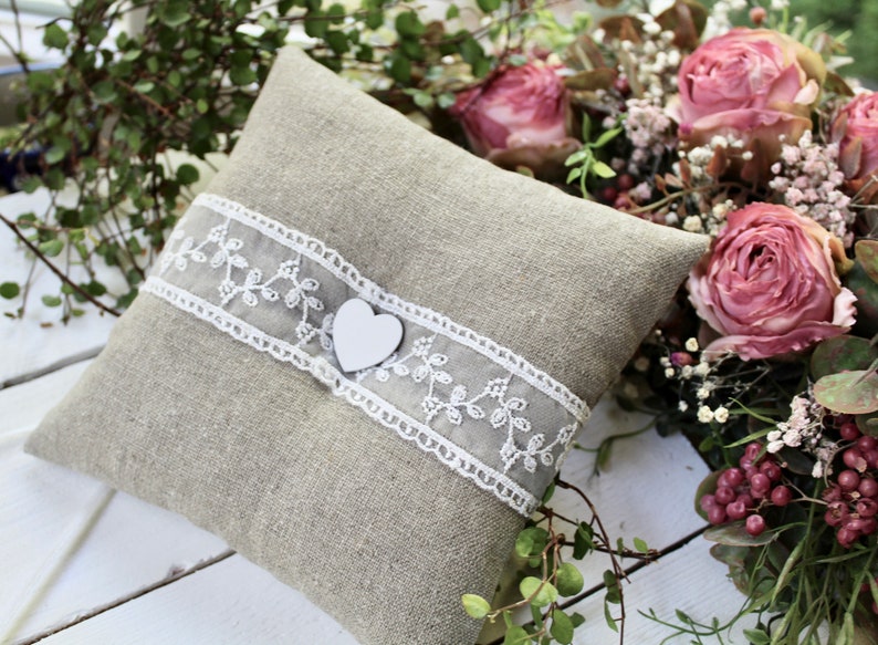 Ring Pillow Wedding Linen Lace Ring Bearer Pillow Wedding Ring Pillow Boho Country Vintage Shabby image 7