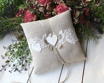 Ring Pillow Wedding Linen Lace Ring Bearer Pillow Wedding Ring Pillow Boho Country Vintage Shabby