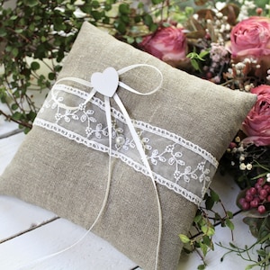 Ring Pillow Wedding Linen Lace Ring Bearer Pillow Wedding Ring Pillow Boho Country Vintage Shabby image 3