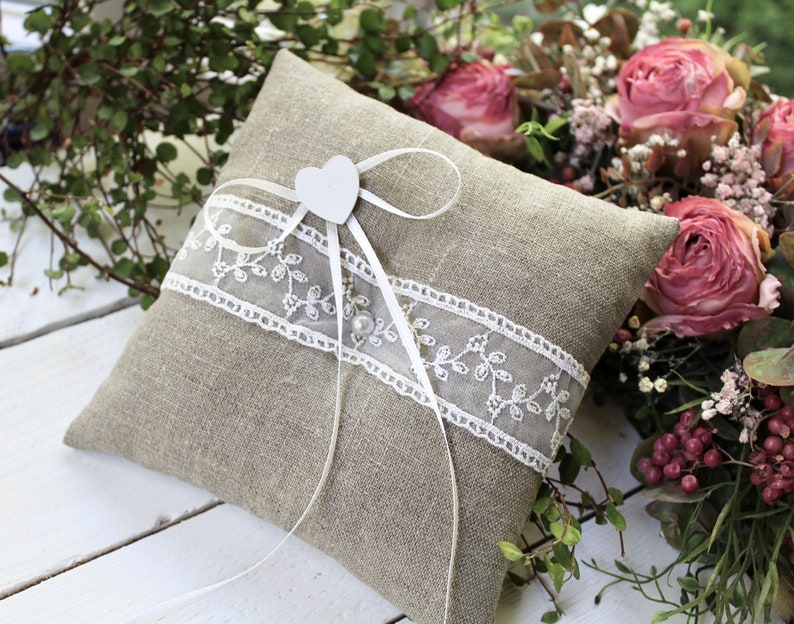 Ring Pillow Wedding Linen Lace Ring Bearer Pillow Wedding Ring Pillow Boho Country Vintage Shabby image 3