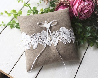 Ring Pillow Wedding Linen Lace Ring Bearer Pillow Wedding Ring Pillow Boho Country Vintage Shabby