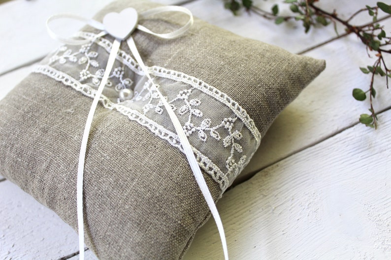 Ring Pillow Wedding Linen Lace Ring Bearer Pillow Wedding Ring Pillow Boho Country Vintage Shabby image 6