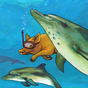 Greetings Card: PIG THE DOLPHINS. 7x5 Fine Art Greetings Card, Acrylic Inks, Blank Inside image 1