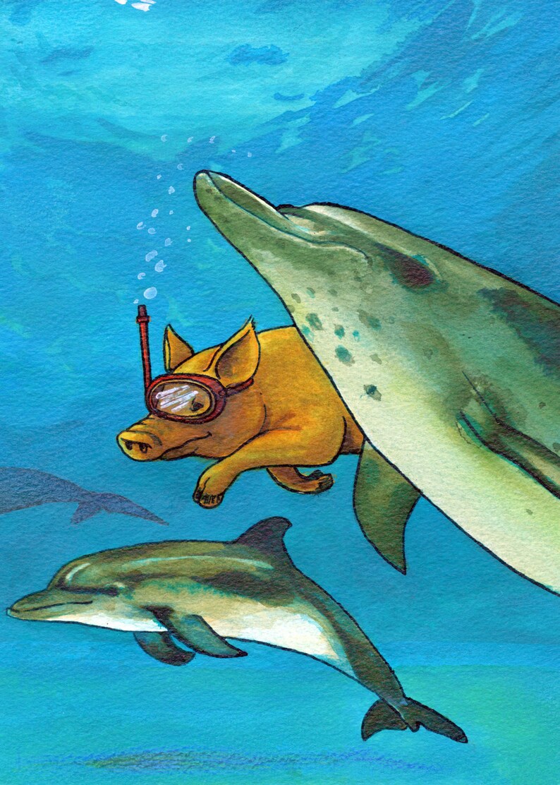 Greetings Card: PIG THE DOLPHINS. 7x5 Fine Art Greetings Card, Acrylic Inks, Blank Inside image 1