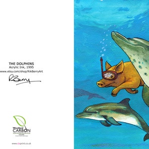 Greetings Card: PIG THE DOLPHINS. 7x5 Fine Art Greetings Card, Acrylic Inks, Blank Inside image 2