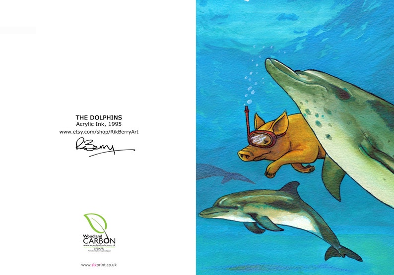 Greetings Card: PIG THE DOLPHINS. 7x5 Fine Art Greetings Card, Acrylic Inks, Blank Inside image 2