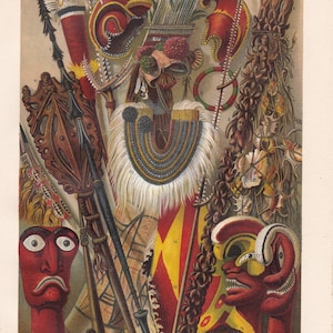 1894 AUSTRALIE &Oceania ART and CULTURE Lithographie antique, artefacts et outils des indigènes océaniens australiens, 127 ans en petits caractères