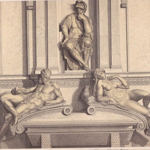 1894 Beatiful HUMAN BODIES after MICHELANGELO Sculptuure Antique Lithograph, 127 years old fine print