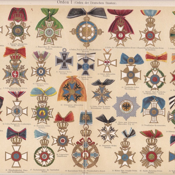 1896 ORDERS - DUITSE RIJK Antieke Litho, Orders of Merit, Orders of Chivalry, House Orders, Militaire Orders, 125 jaar oude kleine lettertjes
