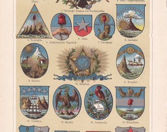 1905 COAT of ARMS of American Countries Antique Lithograph, Heraldry, USA, Brazil, Argentina, Mexico, Chole & other