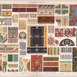 Peut inclure: Une illustration vintage de motifs et de motifs décoratifs variés de différentes cultures, notamment égyptienne, grecque et romaine. L'image est divisée en sections, chacune présentant un style d'ornementation différent. Les couleurs sont vives et audacieuses, avec un mélange de rouge, bleu, vert, jaune et noir.