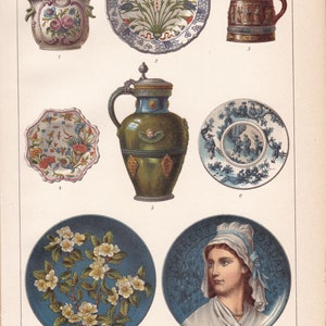 May include: A collection of eight antique faience pieces, including a flower pot, a plate with a floral design, a stein, a pitcher, a plate with a floral design, a plate with a scene of people, a plate with a floral design, and a plate with a portrait of a woman. The pieces are all decorated with colorful glazes and intricate details.