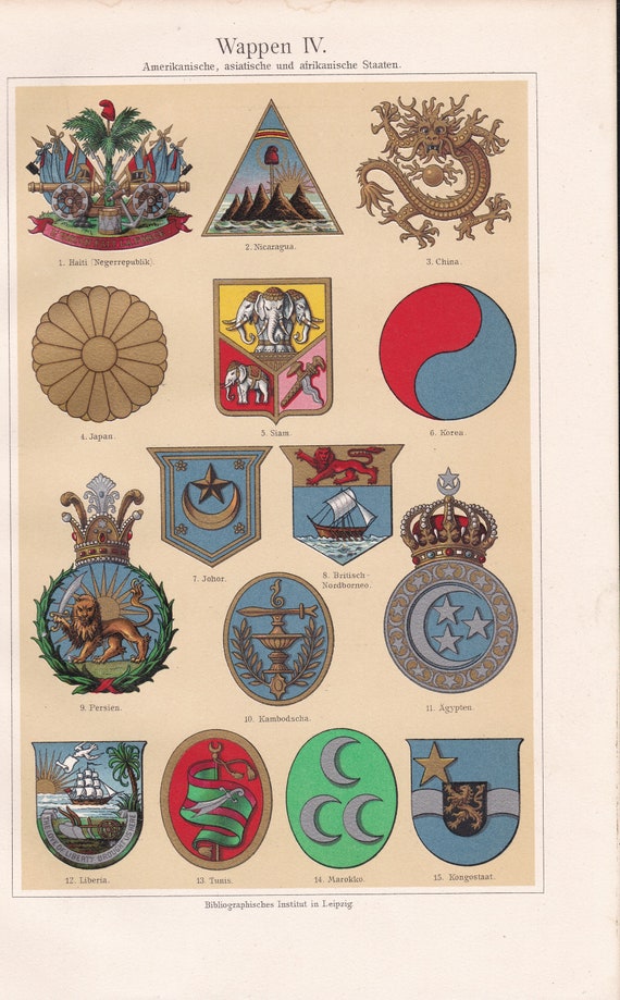 1905 COAT of ARMS of American, Asian & African Countries Antique