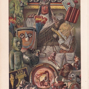 1894 AMERICA ART and CULTURE Antique Lithograph, Artifacts and Tools of American  Natives, 127 years old fine print