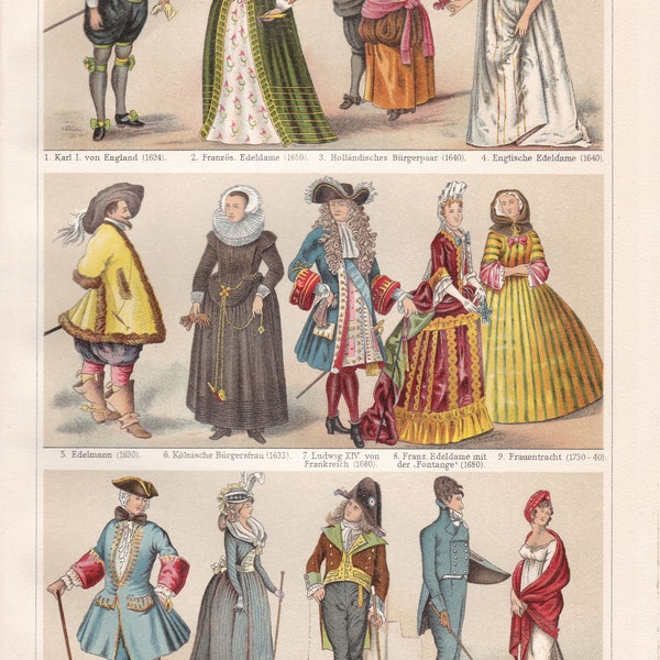 1895 HISTOIRE DES COSTUMES 1624 - 1800 ans 1800's Lithographie Impression plus de 120 ans