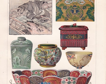 1894 JAPAN ART and CULTURE Antique Lithograph, Artifacts and Tools of Australian Oceanian Natives, 127 years old fine print