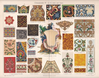 1895 ART ORNAMENTS in the Buildings of 18-19 Century and ASIA  Antique Lithograph Print more than 120 years old