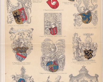 1894 Samples of the Art of HERALDY Coat of Arms  Lithograph Print more than 120 years old