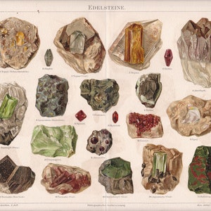 May include: A vintage illustration of various gemstones, including topaz, sapphire, diamond, emerald, ruby, and amethyst. The illustration is labelled with the German word "Edelsteine", which means "precious stones".