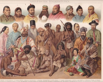 1890 ASIAN PEOPLE Mongols Persian Chinese Korean Japanese Turks Kirgisiams Tibets and 17 others Lithograph Print more than 120 years old