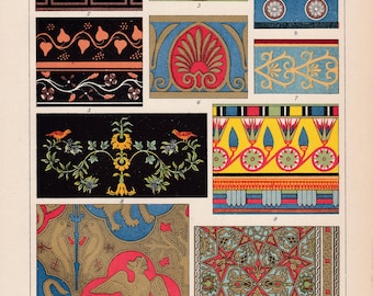May include: A collection of 11 colorful illustrations of different ornamental designs. The designs include geometric patterns, floral motifs, and animal figures. The illustrations are labeled with numbers 1 through 11.