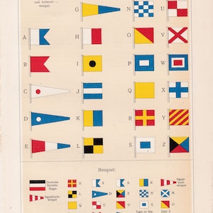 Puede incluir: Tabla vintage de banderas náuticas titulada "Flaggen II" con varias banderas de señales. La tabla incluye ejemplos de banderas mercantes alemanas y gallardetes de señales, junto con una ruta de Hamburgo a Nueva York.