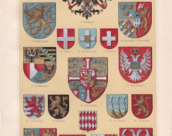 1905 COAT of ARMS of States of Europe Antique Lithograph, Heraldry, Russia, France, Great Britain, Spain, Italyn & other