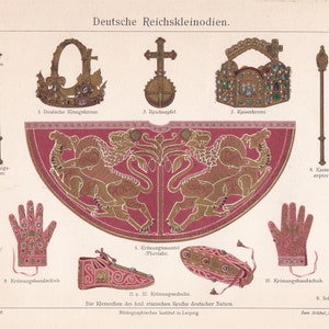 May include: A vintage illustration of the German Imperial Regalia, including the Imperial Crown, the Imperial Orb, the Imperial Scepter, the Sword of the Holy Roman Empire, and the Imperial Mantle. The illustration is in a style reminiscent of a medieval manuscript.