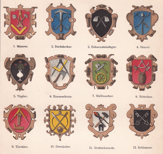 1905 GUILD COAT of ARMS , Masons Roofers Carpenters Knife