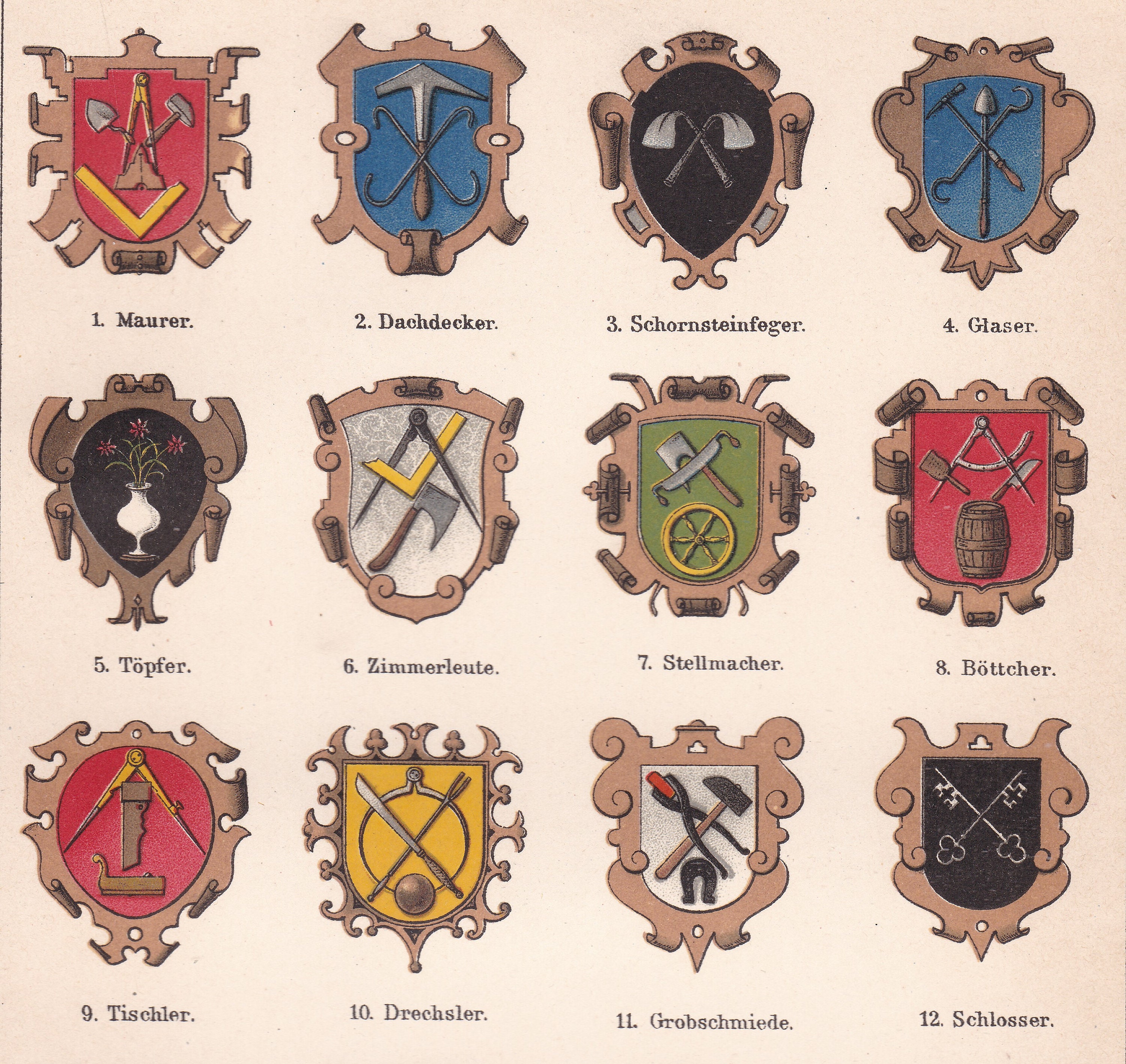 1905 GUILD COAT of ARMS , Masons Roofers Carpenters Knife