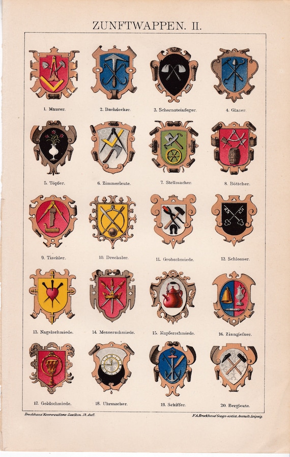 1905 GUILD COAT of ARMS , Masons Roofers Carpenters Knife
