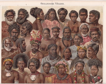 1890 AUSTRALASIAN OCEANIC PEOPLE Tipos étnicos de Australia Polynesia Nueva Zelanda y otras litografías Impresión de más de 120 años