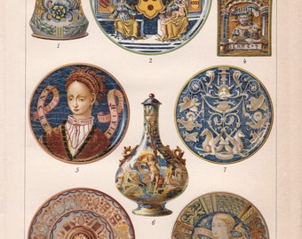 1894 MAJOLICA POTTERY ART Antike Lithographie, Zinn-glasierte Keramik, Fayence, Steinzeug Antike Lithographie-Druck mehr als 120 Jahre alt