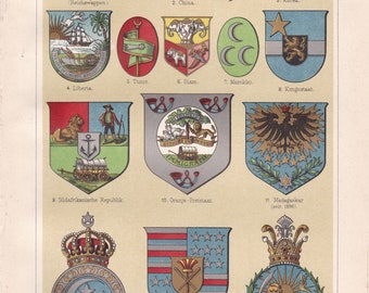 1905 COAT of ARMS of Asian & African Countries Antique Lithograph, Heraldry, China, Japan, Siam, Korea, Persia, South Africa, Egypt