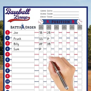 Afdrukbare honkbalopstellingskaart Honkbalpositiebord Honkbalcoachrooster 15 spelers slagvolgorde Teampositielijst Honkbal dugout
