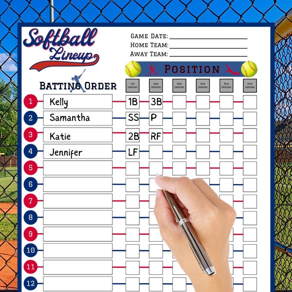 Printable Softball Lineup Card Softball Position Board Softball Coach Roster 15 Player Batting Order Team Position List Softball Dugout