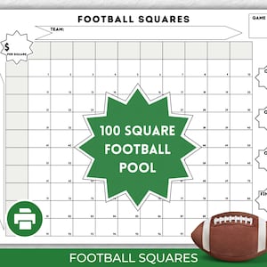 May include: A printable 100 square football pool game board with a green starburst shape in the center that says "100 Square Football Pool". The board is divided into 100 squares, numbered 1 to 100. There are spaces for team names, game date, and scores for each quarter and the final score.