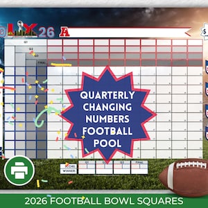 100 cuadrados del Super Bowl de fútbol americano, plantilla de cuadrados de fútbol para recaudación de fondos en equipo, descarga digital instantánea, números que cambian trimestralmente