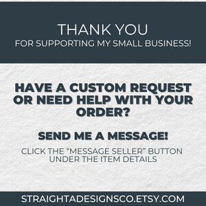 K&ouml;nnte beinhalten: Grafik mit dem Text "THANK YOU FOR SUPPORTING MY SMALL BUSINESS!" und "HAVE A CUSTOM REQUEST OR NEED HELP WITH YOUR ORDER? SEND ME A MESSAGE!". Die Etsy-Shop-URL ist ebenfalls enthalten.