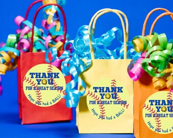 May include: Three colorful gift bags with yellow baseball-themed thank you stickers. The stickers have a baseball graphic and the text "Thank You for a Great Season! Hope you had a ball!"