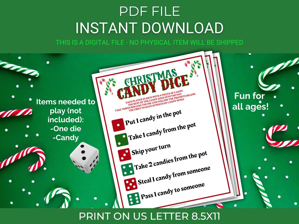 Christmas Candy Dice Game Printable Fun Christmas Games for Kids Teens ...