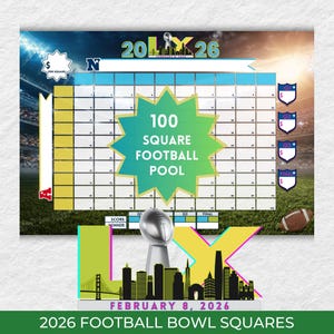 100 Super Football Bowl Squares Football Pool Grid Printable Instant Digital Download Team Fundraiser Football Squares Template