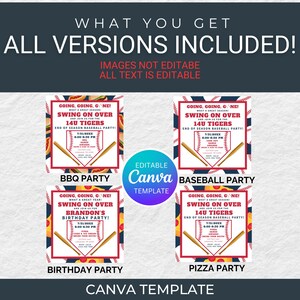 K&ouml;nnte beinhalten: Eine digitale Canva-Vorlage mit vier Baseball-Party-Einladungsdesigns. Die Einladungen enthalten Texte wie "Swing on Over" und "14U Tigers" mit Baseballschl&auml;ger- und Ballgrafiken. Die Vorlage enth&auml;lt BBQ-, Geburtstags-, Baseball- und Pizza-Party-Optionen.