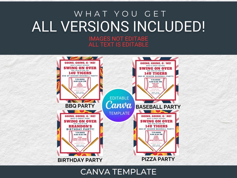 K&ouml;nnte beinhalten: Eine digitale Canva-Vorlage mit vier Baseball-Party-Einladungsdesigns. Die Einladungen enthalten Texte wie "Swing on Over" und "14U Tigers" mit Baseballschl&auml;ger- und Ballgrafiken. Die Vorlage enth&auml;lt BBQ-, Geburtstags-, Baseball- und Pizza-Party-Optionen.