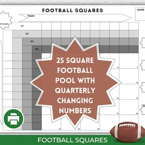 May include: A printable 25 square football pool with quarterly changing numbers. The printable is black and white with a brown starburst shape in the center. The starburst shape has the text "25 Square Football Pool with Quarterly Changing Numbers".