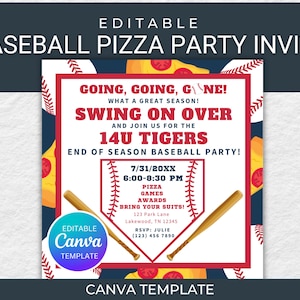K&ouml;nnte beinhalten: Baseball-Pizza-Party-Einladung mit einem rot-wei&szlig;en Baseball-Thema. Die Einladung enth&auml;lt den Text "Going, Going, Gone!" und "Swing on Over" mit Details f&uuml;r die 14U Tigers Saisonabschlussfeier. Enth&auml;lt eine Canva-Vorlage.