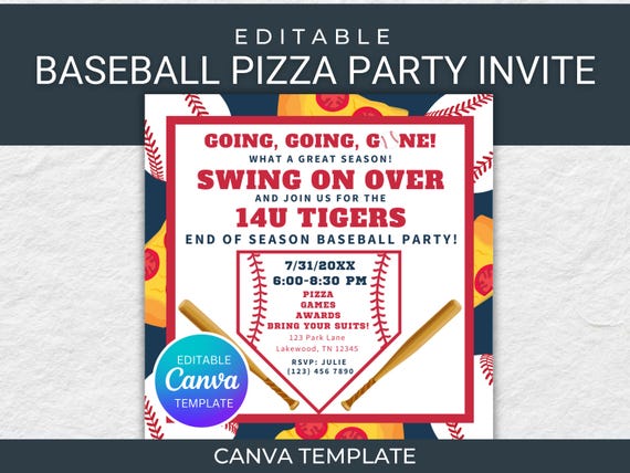 Editable Baseball Party Invitation Digital Baseball Invite Baseball End of Season Team Party Pizza Party Birthday Party